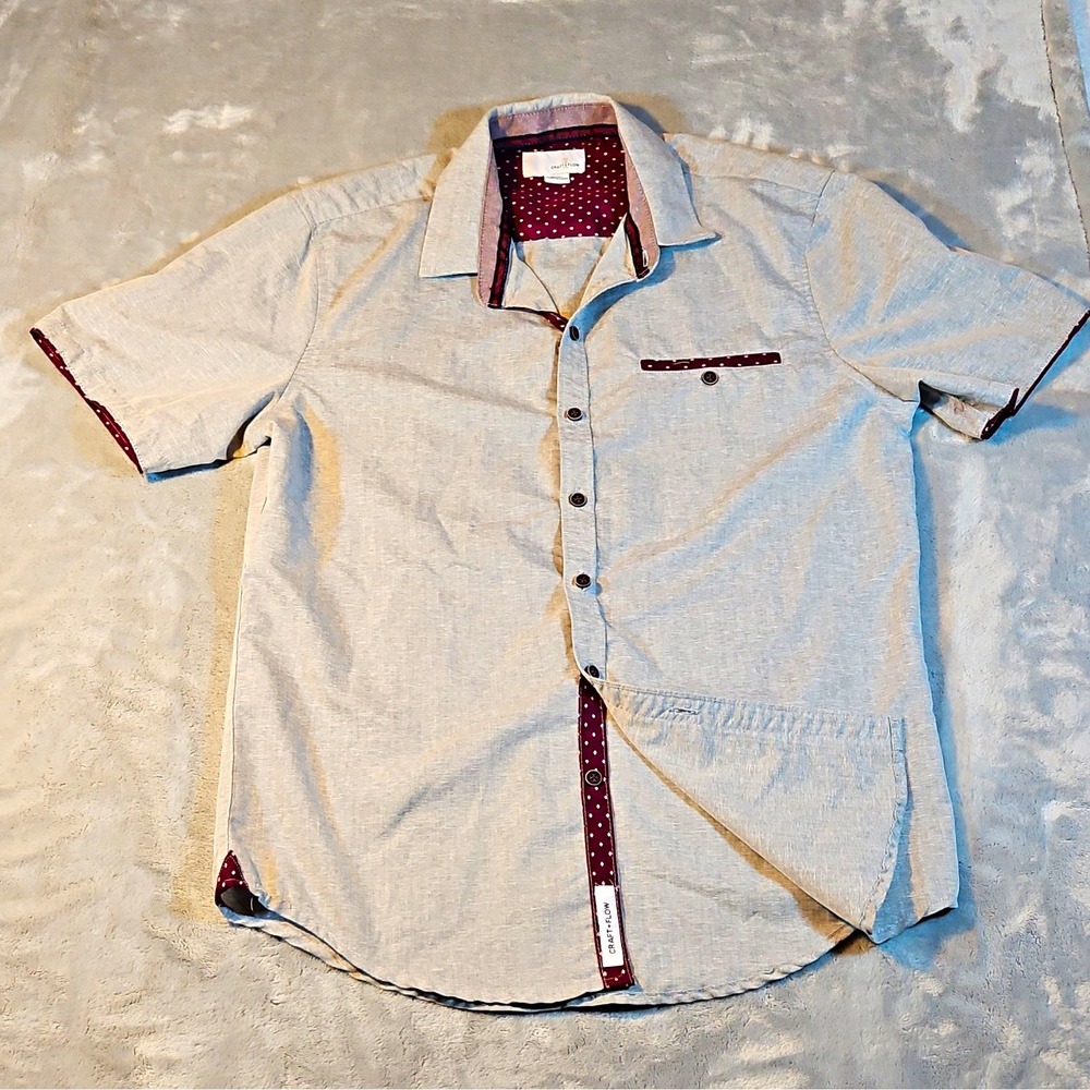 CRAFT+FLOW Button-Up Shirt Short Sleeve S Gray Solid Woven Pockets Point Collar
